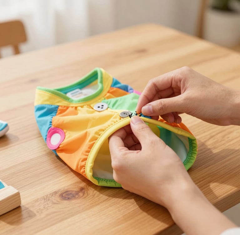 Hands of an artisan carefully sewing a colorful pet shirt on a wooden table, soft warm light