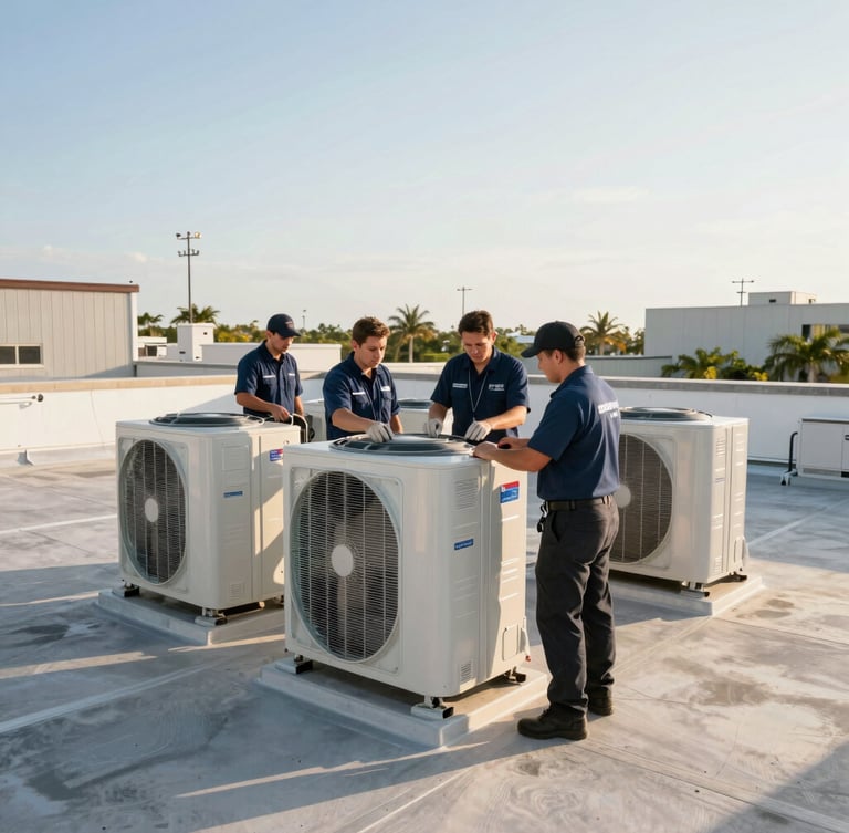 Wide shot of BIPRO INC. certified technicians in uniform, working on a commercial HVAC system on a rooftop at golden hour, bright natural Florida daylight, wide-angle lens, realistic depth of field