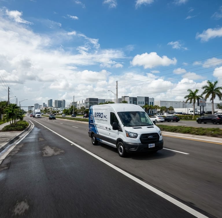 Wide environmental shot of a branded BIPRO INC. fleet vehicle, clean and modern, driving on a commercial road under bright natural Florida daylight, low horizon, expansive sky, high-contrast clean tones.