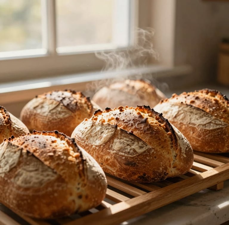 Close-up of golden-brown sourdough loaves cooling on a wooden baker's rack, steam rising gently in warm morning window light, rustic farmhouse kitchen atmosphere, 35mm.
