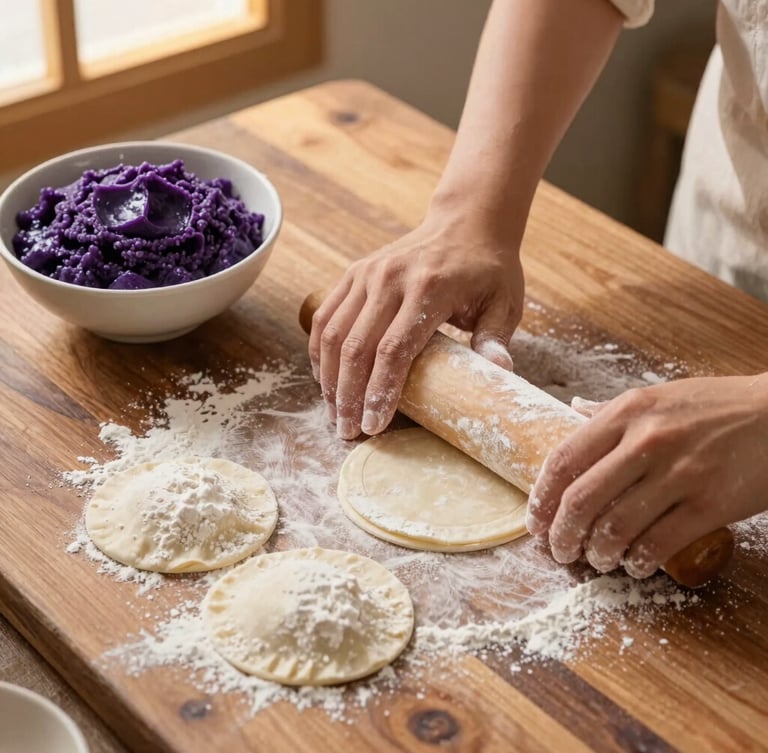 Overhead shot of hands dusting flour onto a rustic wooden counter, rolling out fresh lumpia wrappers beside a bowl of rich purple ube filling, warm side-lighting.