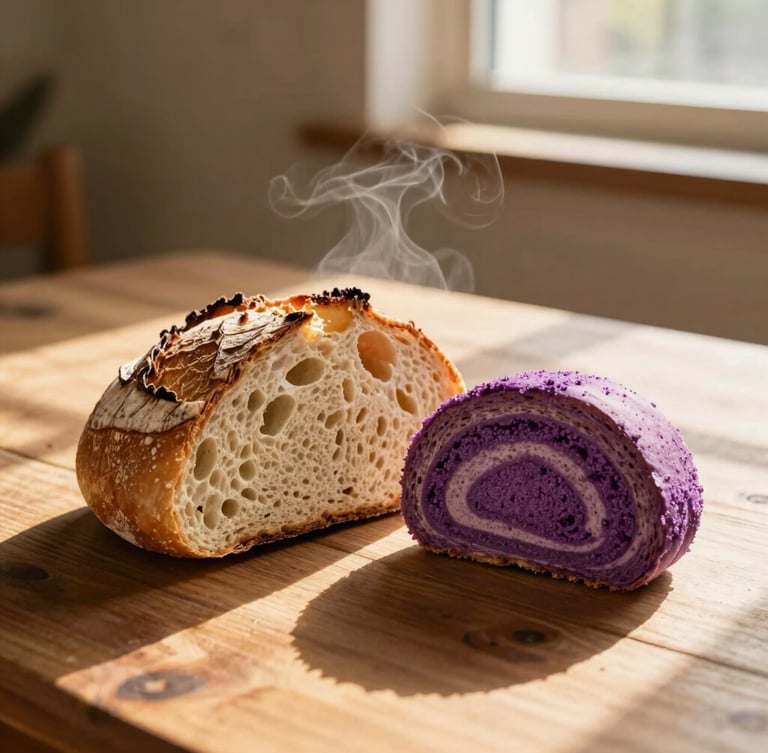 Close-up of a rustic sourdough boule sliced open next to a vibrant purple ube roll, steam rising softly, warm golden-hour window light casting long shadows on a wooden farmhouse table.