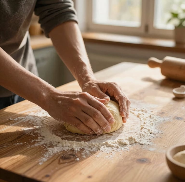 Hands kneading soft dough on a flour-dusted wooden farmhouse table, warm morning light streaming through a window, rustic kitchen setting