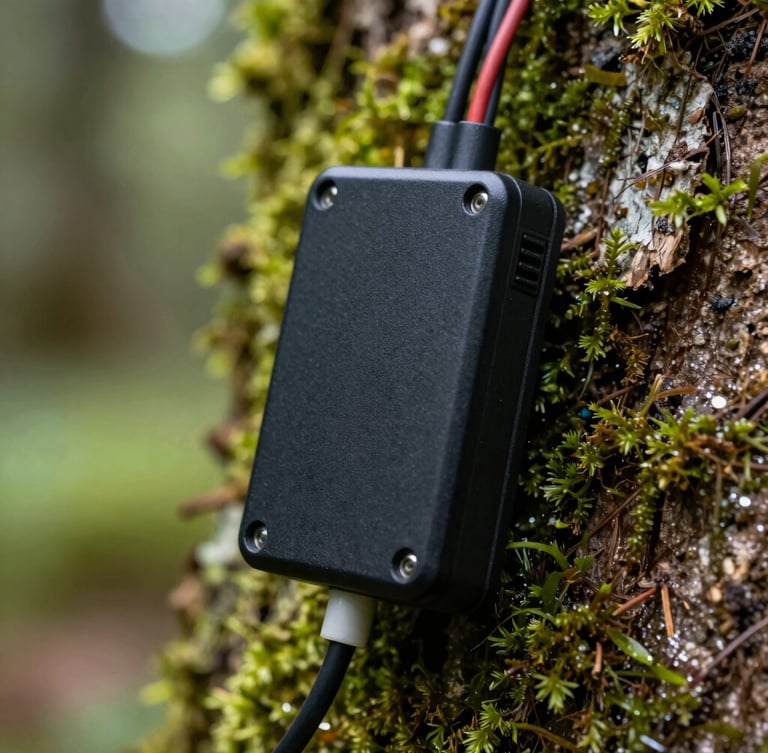 Extreme macro close-up of a rugged telemetry sensor node strapped to a mossy Andean tree trunk, visible wiring, matte black casing, soft green forest light.