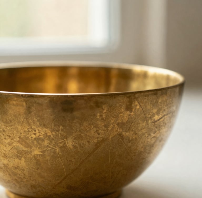 Macro detail of unlacquered sand-cast brass bowl, showing rich golden metallic texture and cooling lines, soft morning window light, warm plaster backdrop, shallow depth of field, 35mm photography