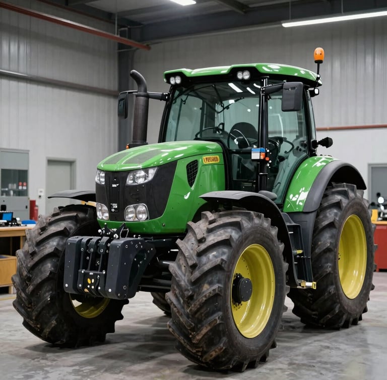 Crisp industrial photography of a reconditioned heavy green tractor with integrated digital sensors, parked inside a clean modern workshop, dramatic high-contrast daylight, 35mm