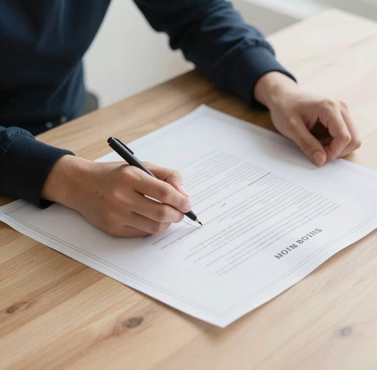 Close-up of hands reviewing a clean architectural blueprint and signed contract on a light wooden table, soft overcast morning light, minimalist aesthetic, 35mm