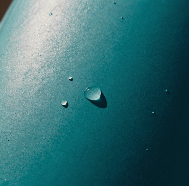 Tight abstract macro crop of a matte-finished deep teal resin surface with water droplets glistening under harsh direct sunlight, sharp high-contrast shadows.