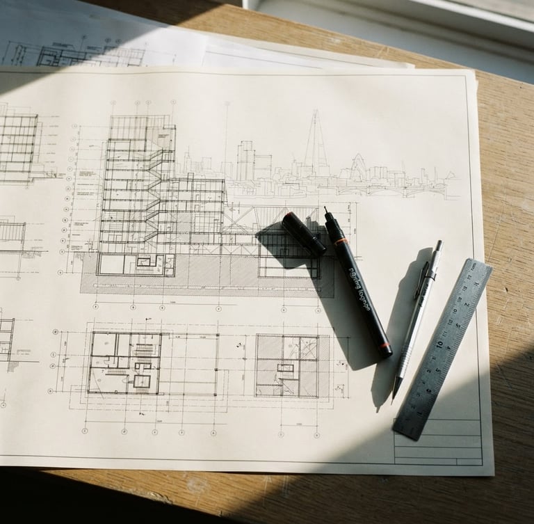 Top-down flat lay of a clean drafting table in London, stark morning side-light casting sharp shadows across architectural blueprints and a technical pen.