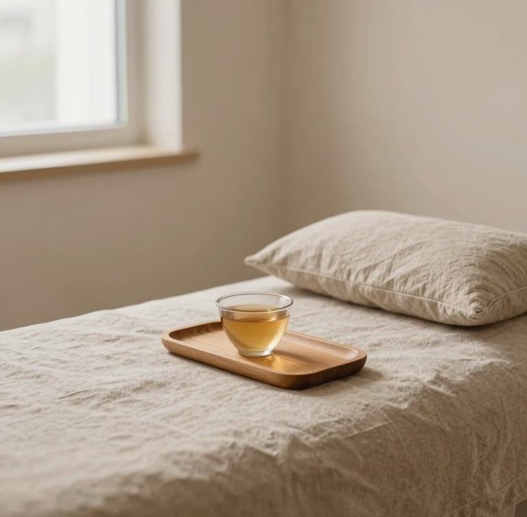 A cozy, private relaxation corner in a clinical wellness center, soft linen textiles, warm sand tones, a small cup of herbal tea on a wooden tray, shallow depth of field