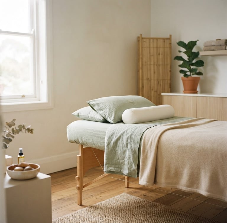 Warm clinical photography, soft natural daylight illuminating a serene treatment room with sage green textiles, a clean massage table, minimalist aesthetic, 35mm