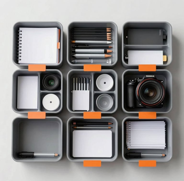 Top-down flat lay of perfectly organized high-grade office supplies in modular gray trays under bright, crisp studio lighting, safety orange accent tags visible.