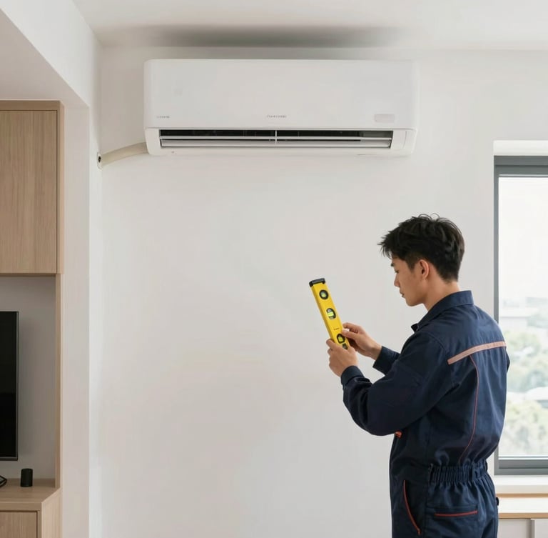 Straight-on architectural shot of a clean, modern living room with a perfectly aligned air conditioner, a technician in a clean navy uniform using a spirit level, bright natural daylight, crisp geometry