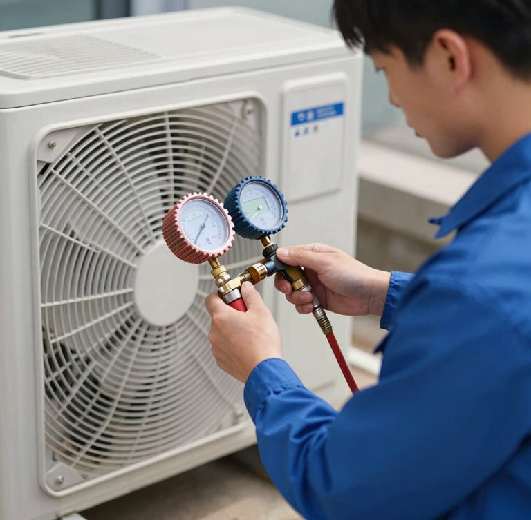 A professional technician in a clean blue uniform using a digital gauge to check gas pressure on a perfectly aligned outdoor air conditioning unit, bright daylight.