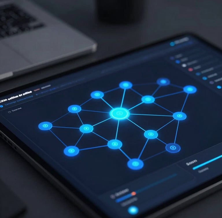 Sleek tech photography, close-up of a high-fidelity CRM pipeline dashboard on a dark screen, glowing blue node connections, minimalist workspace background, macro 35mm