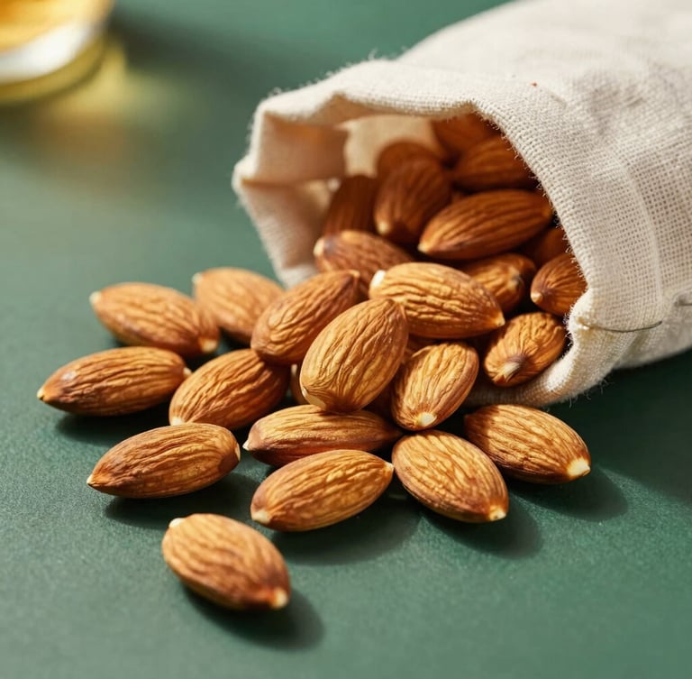 Macro overhead shot of whole unblemished almonds spilling from a minimalist linen pouch on a dark green surface, warm directional side-lighting, shadow play