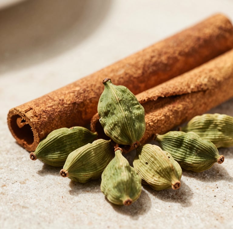 Macro shot of rich cardamom pods and unpolished cinnamon sticks arranged geometrically on a light stone surface, sharp shadows.