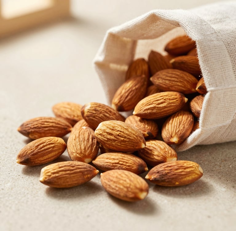 Macro overhead shot of whole unblemished almonds spilling from a minimalist linen bag onto a light cream stone surface, warm side-lighting, soft shadows