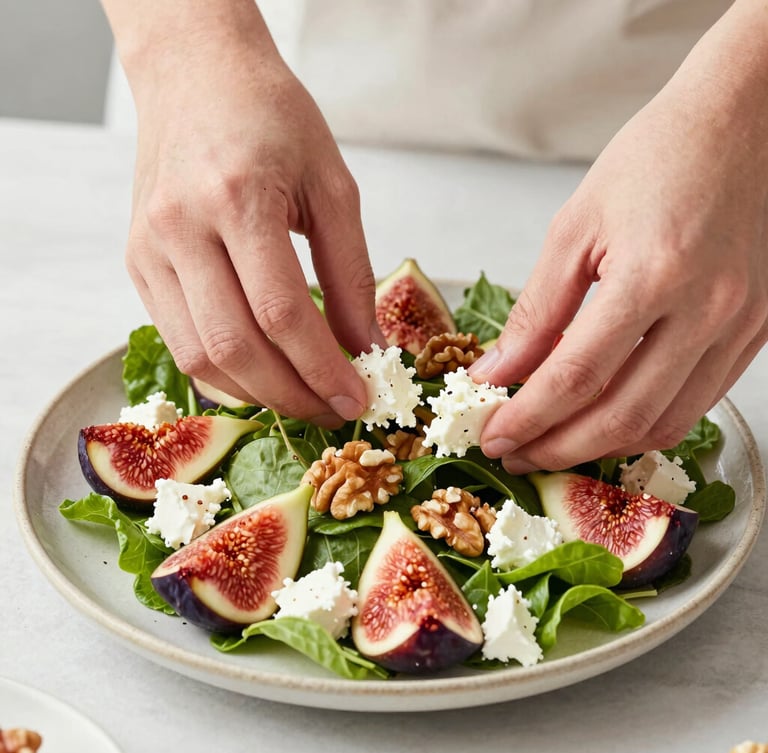 Close-up of hands assembling a colorful salad with figs, walnuts, and goat cheese on a textured ceramic plate, bright natural light, clean editorial composition