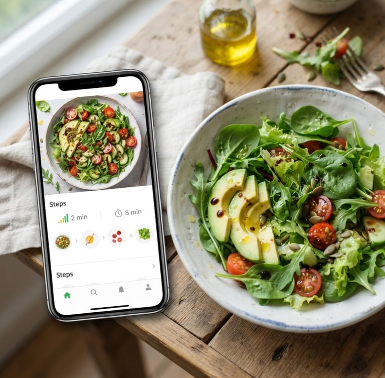 A sleek modern smartphone mockup showing a vibrant salad recipe app interface, placed next to a ceramic bowl filled with crisp green leaves, avocado slices, and golden olive oil drops, bright natural daylight, soft shadows
