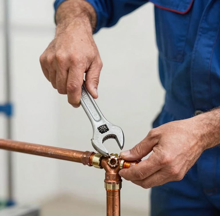 Close-up action shot of a professional plumber's hands in blue uniform using a heavy-duty wrench to secure a copper pipe joint under bright work lights, sharp focus.