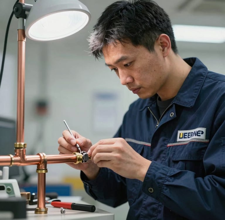 A licensed technician in a clean navy uniform repairing a copper pipe joint under bright work lights, focused action shot, professional tools visible.