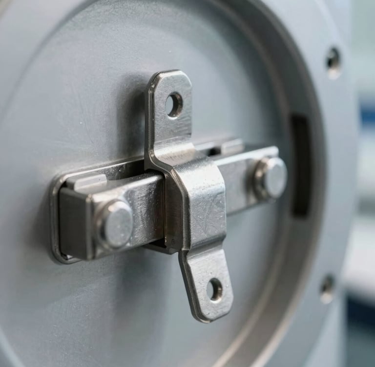 Macro detail shot of a heavy-duty stainless steel chamber door latch, clinical laboratory lighting, cold metallic steel tones, sharp high-contrast shadows.