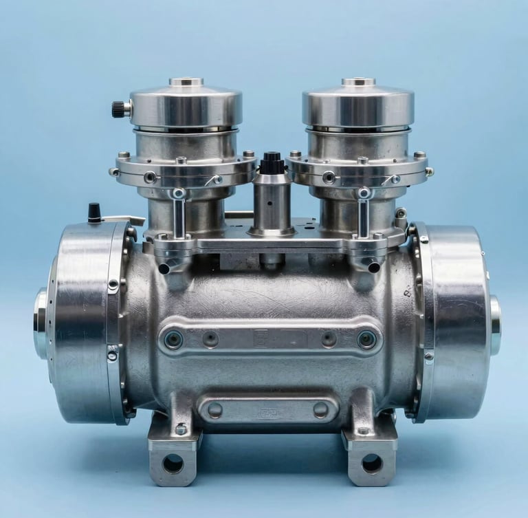 Straight-on orthographic macro shot of a polished stainless steel dual-stage refrigeration compressor manifold, clinical blue lighting, sharp shadows, technical laboratory setting