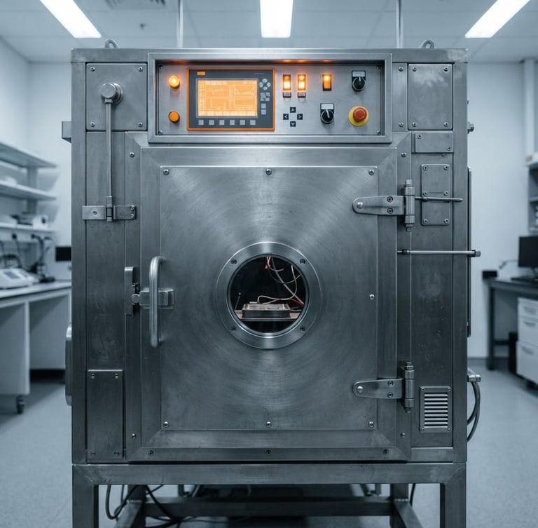 Straight-on orthographic shot of a heavy-duty stainless steel temperature shock test chamber, industrial PLC controller illuminated in safety-orange, cool clinical lab lighting, sharp shadows