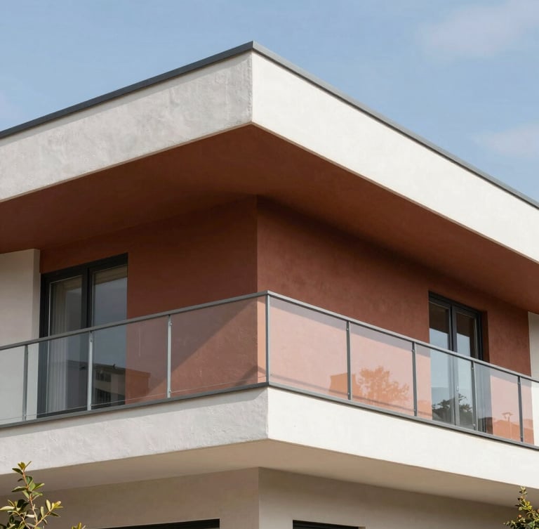 Crisp architectural photography of a modern residential exterior with sharp painted edges, bright natural daylight, 35mm