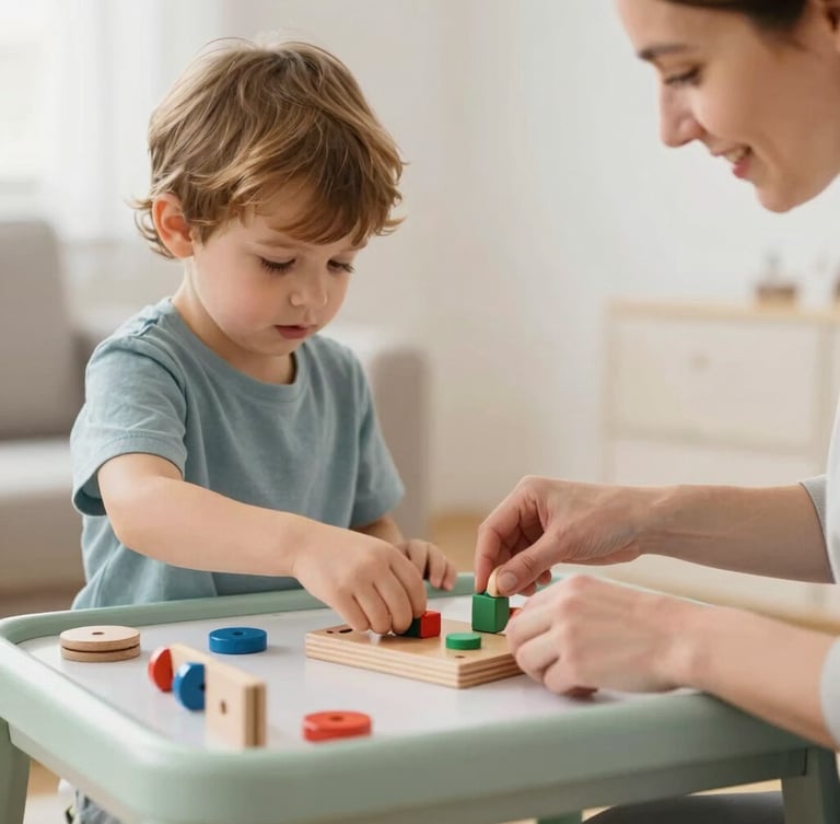Eye-level medium shot of child and therapist playing with wooden educational toys on a light table, soft diffused daylight, warm sage and slate tones, shallow depth of field