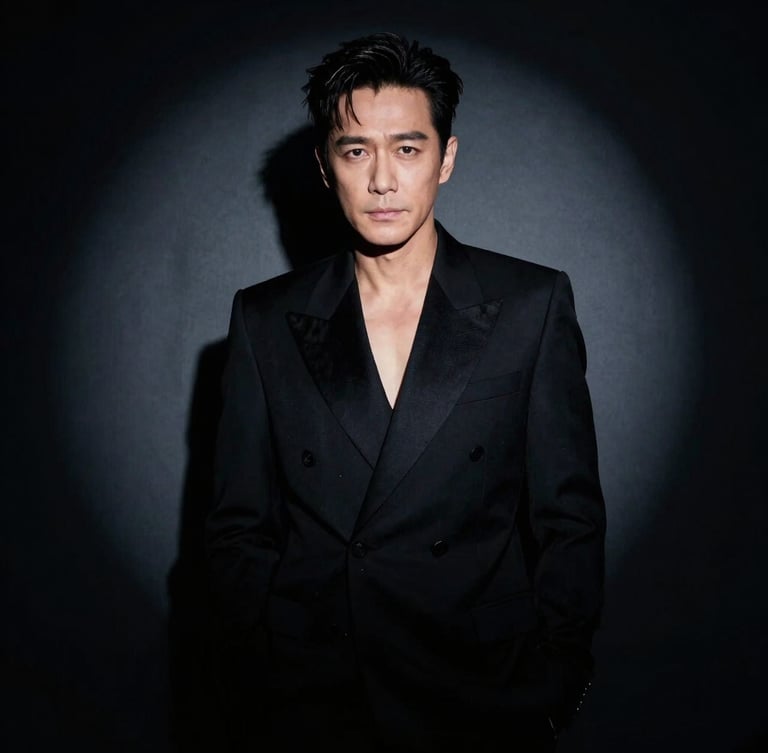 Dramatic high-contrast studio portrait of an iconic celebrity in a sharp black suit, spotlighting, deep shadows, dark background, cinematic 35mm