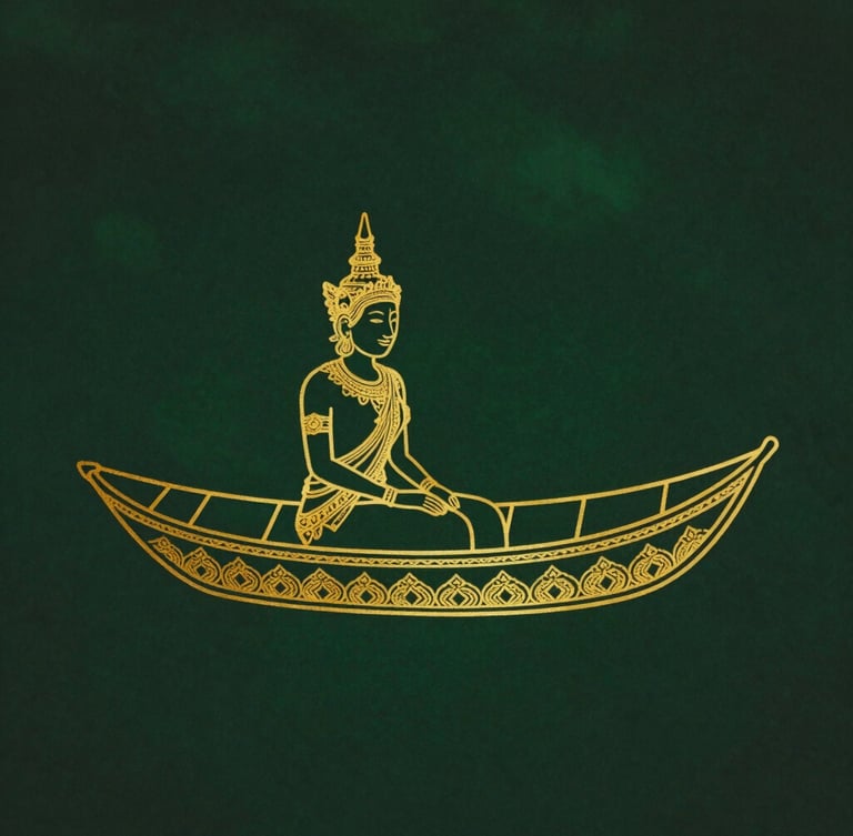 Elegant golden Suphannahong barge line art, subtly rendered on a deep forest green background, with soft atmospheric lighting, 35mm
