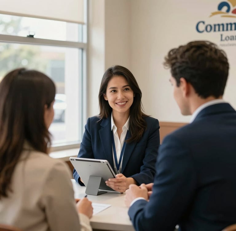 Warm editorial photography of a local community bank interior, soft natural window light, a loan officer and customer conversing over a tablet, shallow depth of field, 35mm.