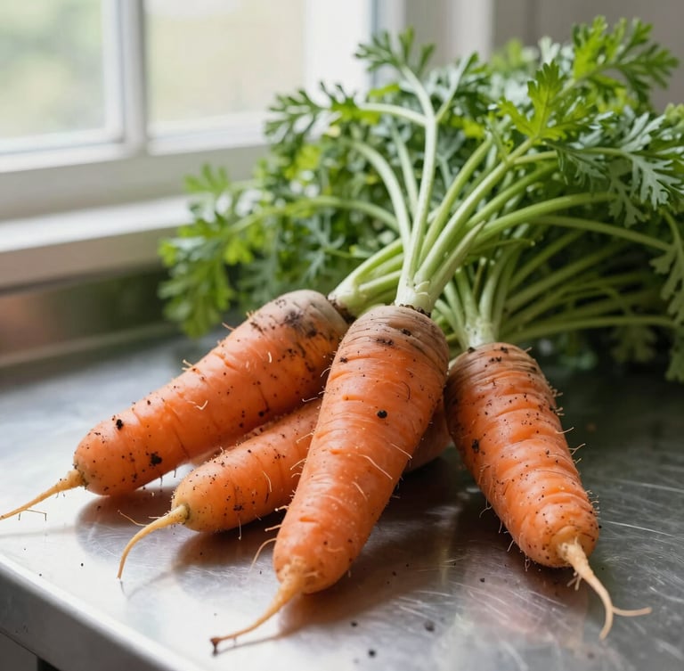 Macro close-up of fresh, soil-dusted heirloom carrots with vibrant green tops, resting on a clean stainless steel commercial prep table, natural morning window light, shallow depth of field, 35mm