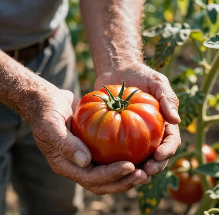 Close-up of a farmer's weathered hands gently holding a pristine, vibrant heirloom tomato in a sunlit field, rich earthy tones, shallow depth of field.