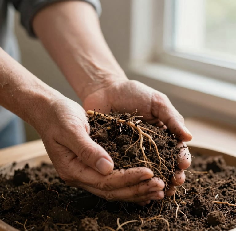 Hands of a farmer gently cradling rich, dark organic soil filled with healthy roots, soft natural morning light, shallow depth of field, 35mm photography