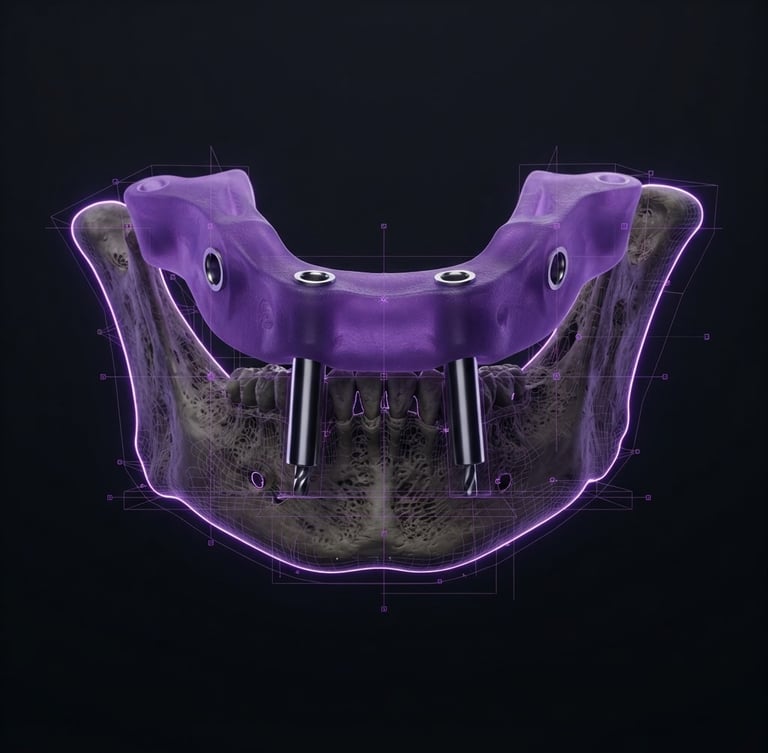 Orthographic 3D render of a high-precision surgical guide aligned over a digital bone model, royal purple neon edge-lighting, deep obsidian background, macro view
