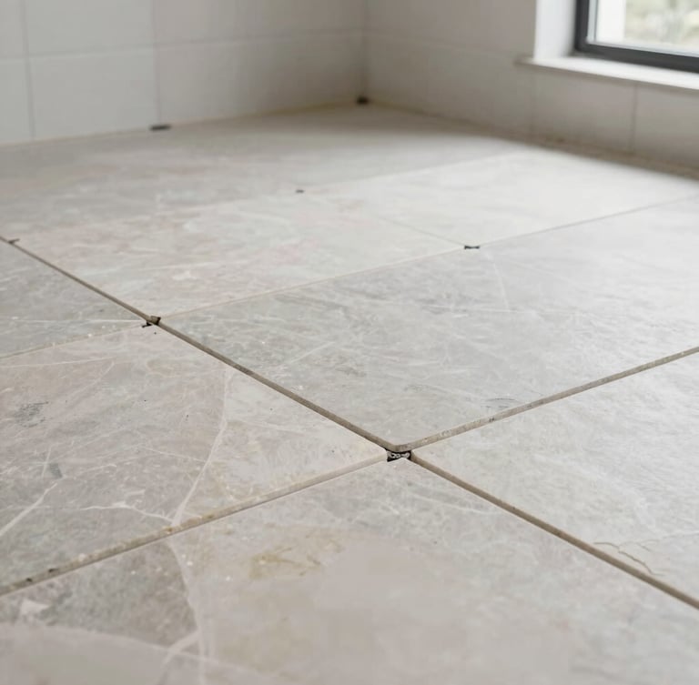 Close-up architectural photograph of a master bathroom floor being laid with large-format slate tiles, leveling spacers visible between perfect grout lines, bright natural side-light.