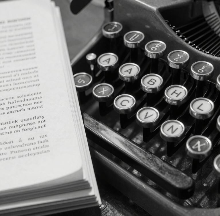 B&W close-up of vintage typewriter keys with stark directional shadows, a stack of heavily redacted manuscript pages resting to the side, high contrast.