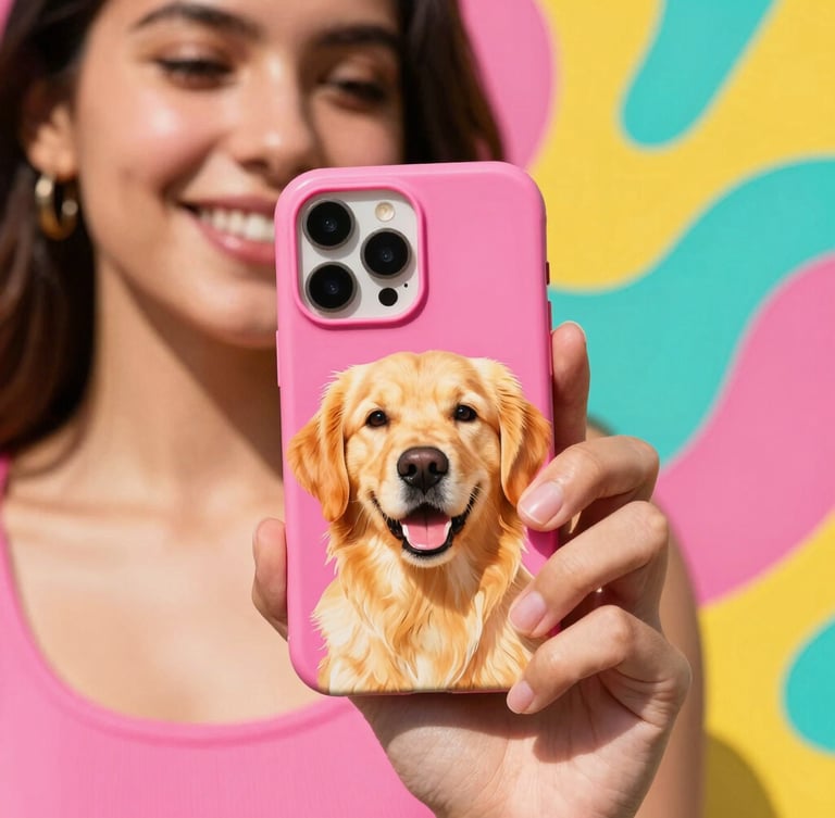 Close-up of a smiling young Latina model holding a vibrant phone case printed with a cute happy golden retriever dog portrait. High-energy background with fluid abstract organic shapes in bright pink, yellow, and turquoise. Warm natural Mexican sunlight, glossy finish, 35mm photography.