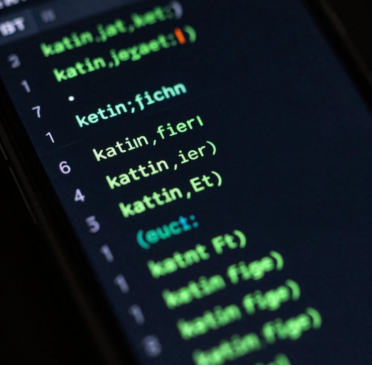 Extreme close-up of a high-end Android smartphone screen displaying a dark-mode IDE with glowing electric green Kotlin code, moody studio lighting, cyber-adjacent cool tones, macro lens, high-contrast