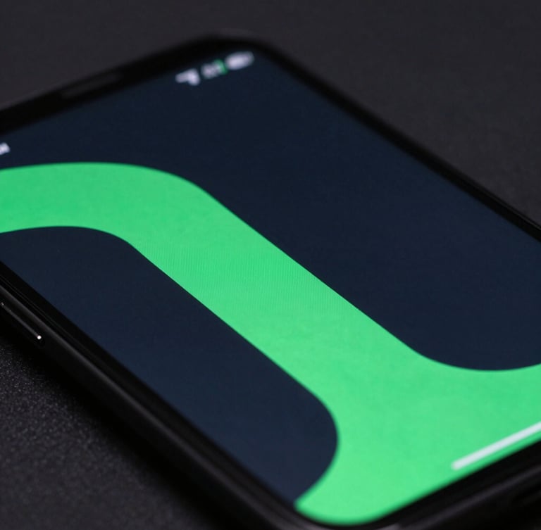 Extreme close-up macro shot of a premium Android device screen displaying a sleek dark-mode interface with electric green accents, moody low-light studio setting