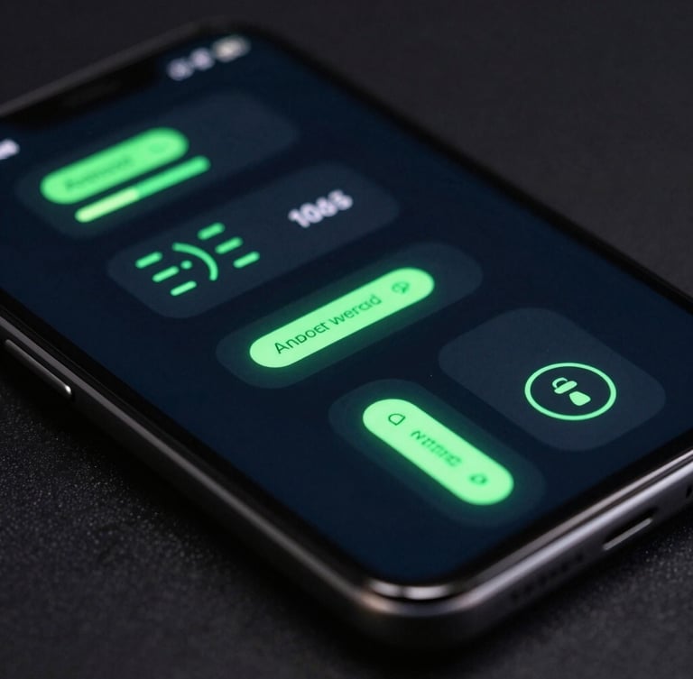 Extreme close-up macro photography of a modern Android flagship screen displaying a complex, glowing dark-mode interface with electric green accents, sharp technical details, dark studio lighting