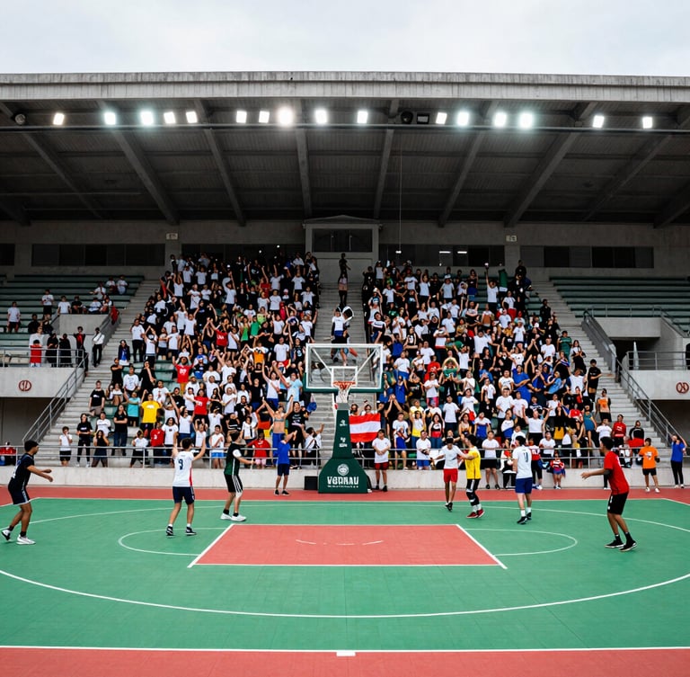 A wide environmental shot of the municipal coliseum Julio Borelli Viteritto during a youth tournament, families cheering in the stands, bright high-altitude daylight, 35mm