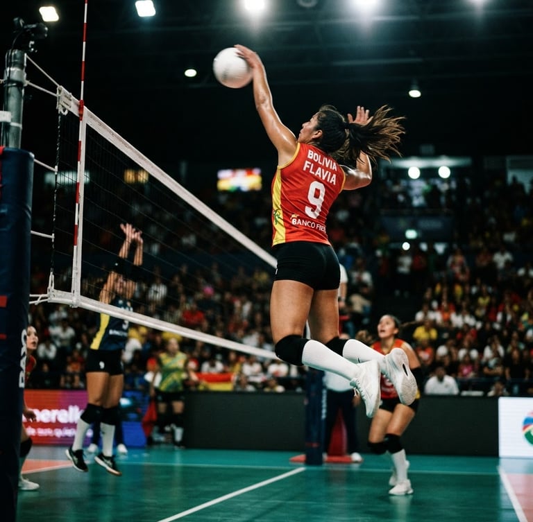 Dynamic low-angle action shot of a Bolivian volleyball player mid-jump striking the ball over the net, high-contrast indoor stadium lighting, deep emerald green court background, sharp action freeze-frame, 35mm.