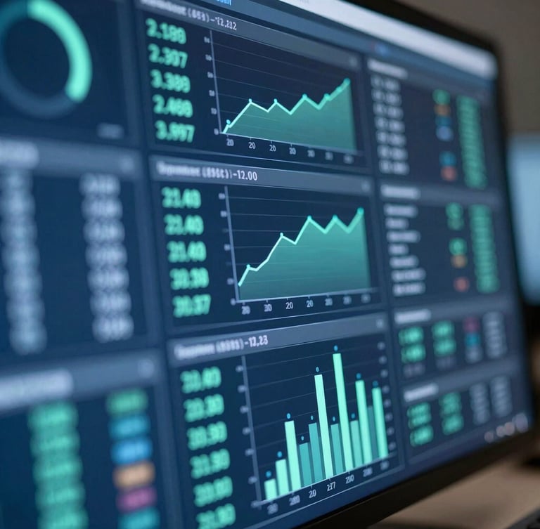 Macro photograph of a high-resolution screen displaying dense data visualization charts, crisp cool blue and mint green lights, shallow depth of field, professional corporate tech environment.