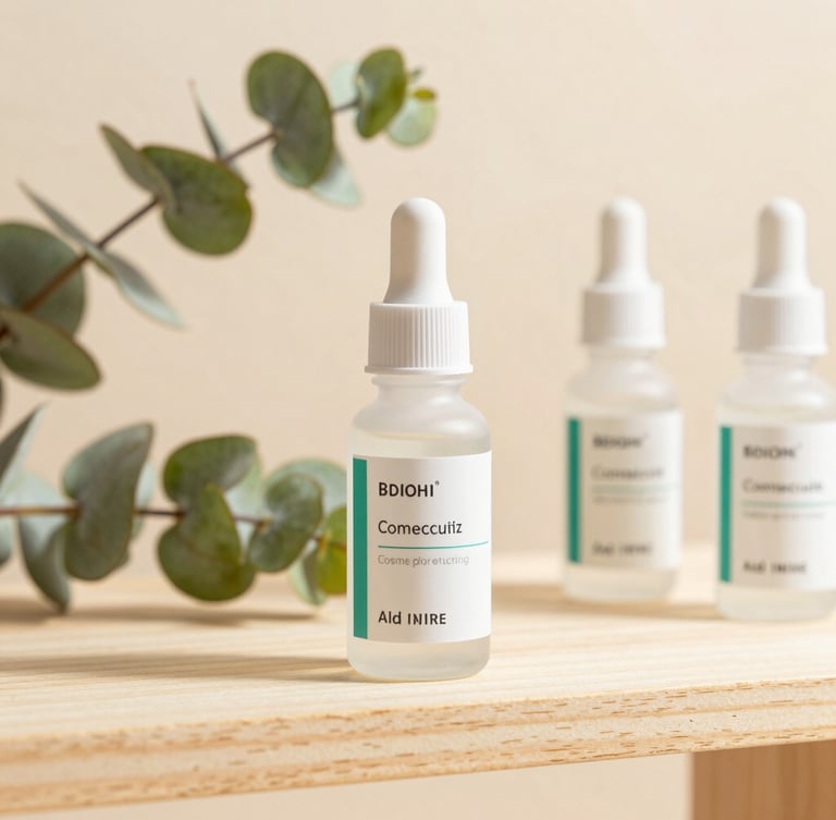 A close-up of authentic cosmeceutical bottles on a clean wooden shelf with botanical eucalyptus leaves, soft warm sand background, bright natural light.
