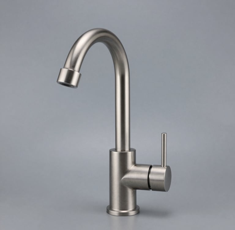 Straight-on technical product photography of a brushed-steel mixer faucet, sharp metallic highlights, clean slate gray background, 50mm lens