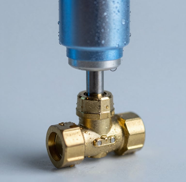 Macro technical close-up of a brass cartridge valve undergoing automated pressure testing, water droplets, cool blue studio lighting, sharp highlights